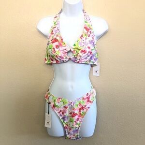 Shade & Shore Multi Floral Halter Bralette Tie Gold Tone Ring Bikini Set Size L